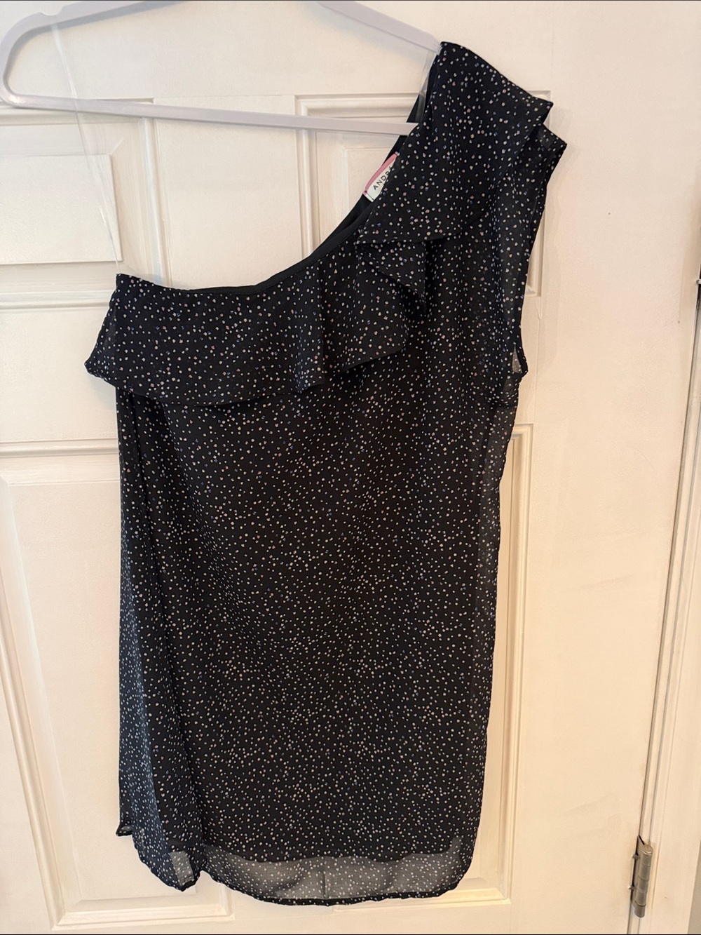 ANDREE BY UNIT Black One-Shoulder Ruffle Dress with White Dot Print